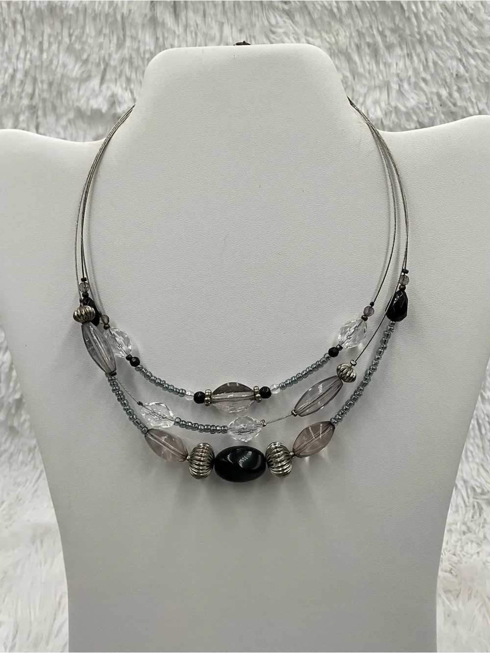 Layered Black and Gray Beaded Multi-Strand Statement Necklace Silver Tones